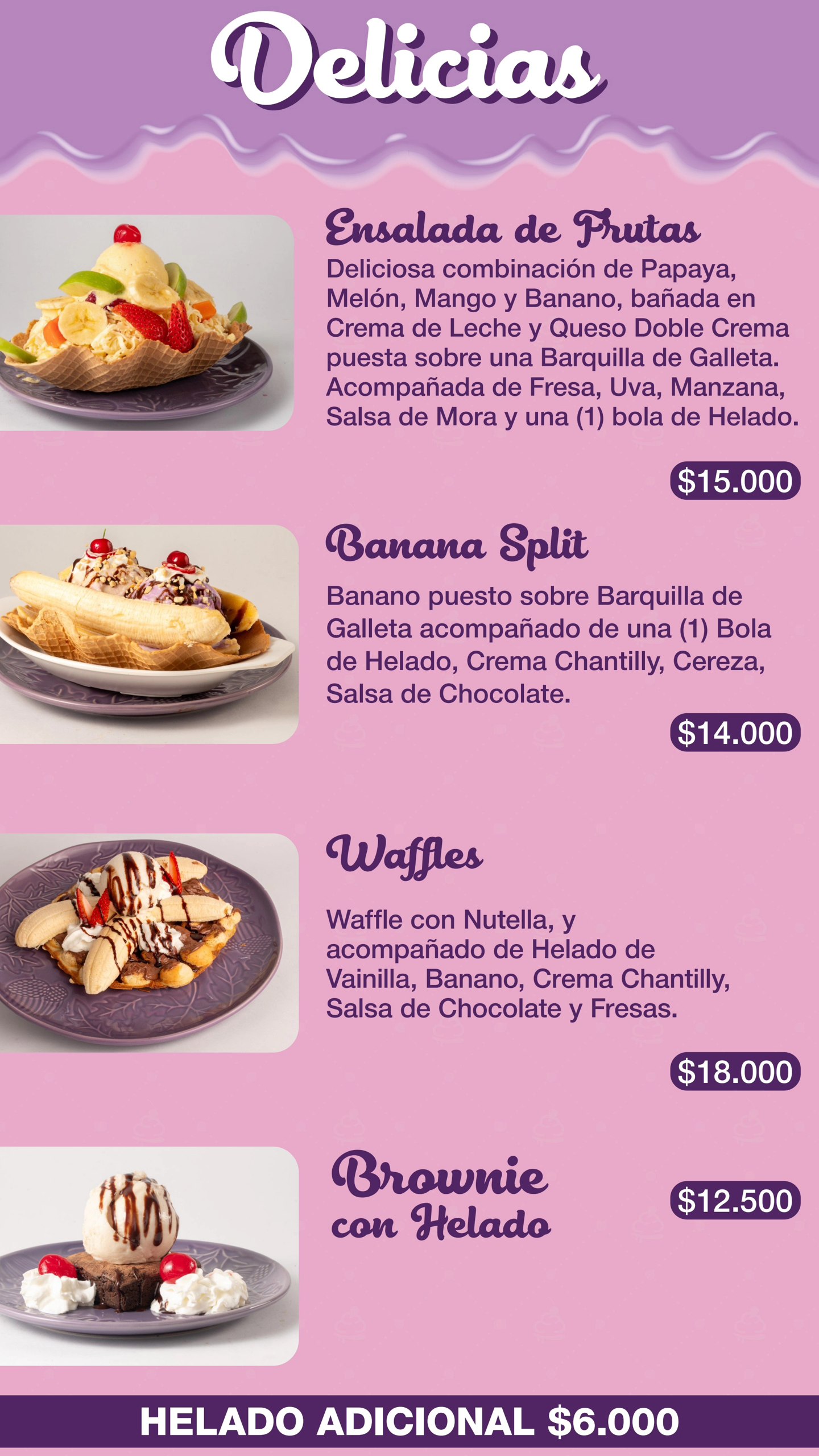 Delicias: Especialidades dulces sobre barquillas crocantes con frutas frescas y helado.
